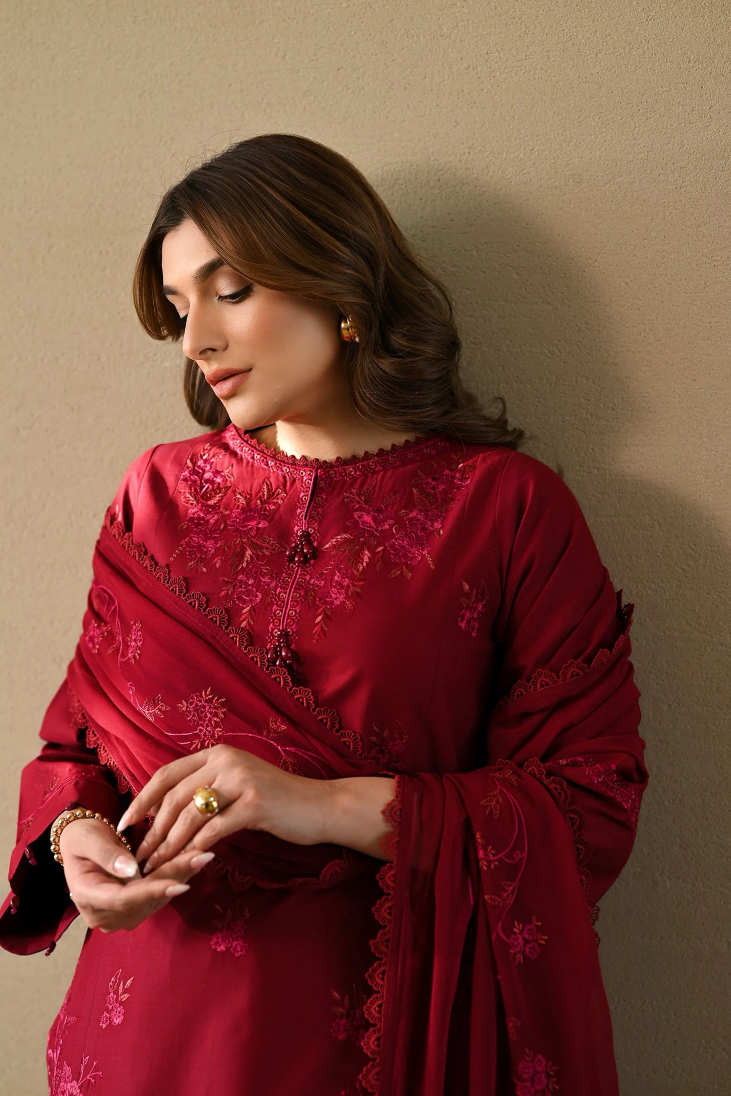 Zaib - Maroon Luxury Emroidered 3PCS Set (Ready To Wear)