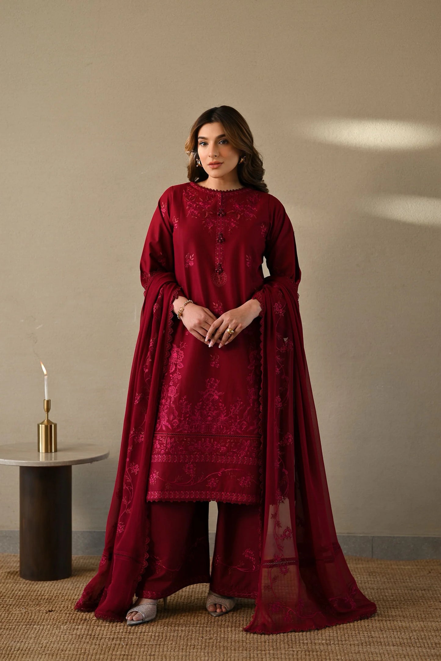 Zaib - Maroon Luxury Emroidered 3PCS Set (Ready To Wear)