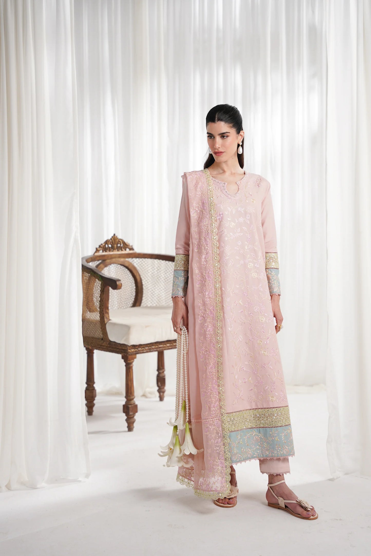 Zaib - Pastel Pink Luxury Embroidered 3PCS Kalidar Set