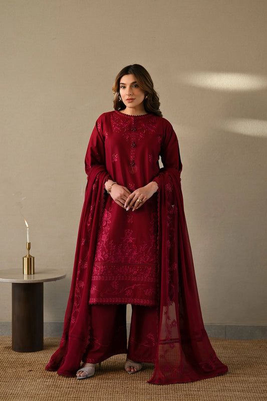 Zaib - Maroon Luxury Emroidered 3PCS Set (Ready To Wear)