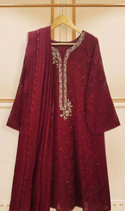 Agha Noor - Red Cotton Net 3-Piece Suit image 0