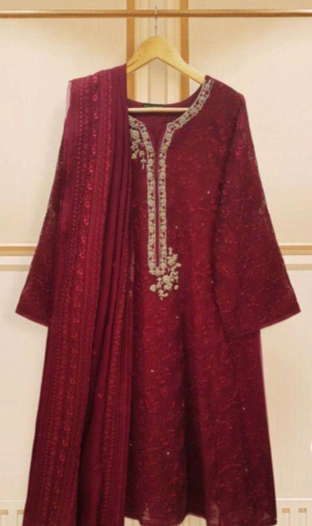 Agha Noor - Red Cotton Net 3-Piece Suit image 0
